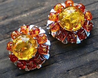 Baltic Amber Clip On Earrings Sterling Silver Honey Amber Cognac Sunflower Design