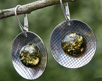 Green Baltic Amber Earrings Sterling Silver Modern Disc Drops Handcrafted Designer Jewellery