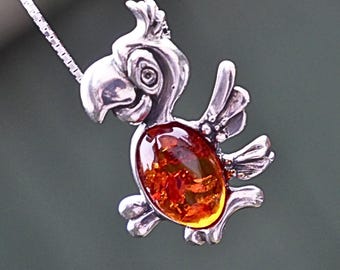 Cognac Baltic Amber Bird Design Small Pendant in Sterling Silver Light Trendy Jewellery Gift