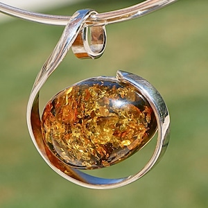 Green Baltic Amber Pendant in Sterling Silver Sculptural Handmade Jewellery One of a Kind Unique Gift