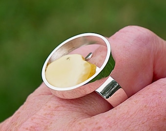 Sterling Silver Adjustable Ring with Rare Butterscotch Amber – Handmade Modern Design Gift