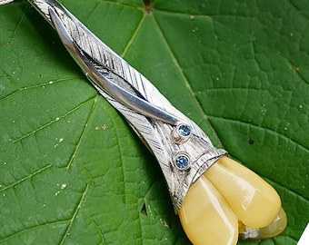 Collar de ámbar color caramelo con colgante de tulipán único en cadena de plata artesanal – Regalo de joyería de lujo