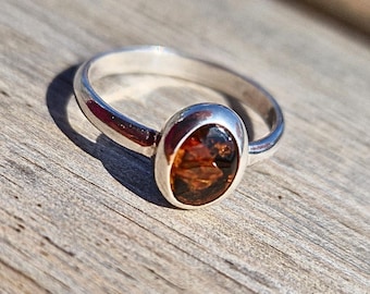 Deep Cognac Baltic Amber Ring in Sterling Silver – Sleek Minimalist Oval Design