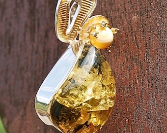Crystallised Baltic Amber Pendant Gold Plated Silver Designer Handmade Signed Luxury Gift
