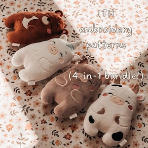 May include: Four plush animal-shaped toys including a brown bear, a white unicorn, a tan pig, and a white cow with black spots. The text "ITH embroidery patterns (4-in-1 bundle!)" is overlaid on the image. Each toy features embroidered facial details.