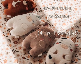 May include: Four plush animal-shaped toys including a brown bear, a white unicorn, a tan pig, and a white cow with black spots. The text "ITH embroidery patterns (4-in-1 bundle!)" is overlaid on the image. Each toy features embroidered facial details.