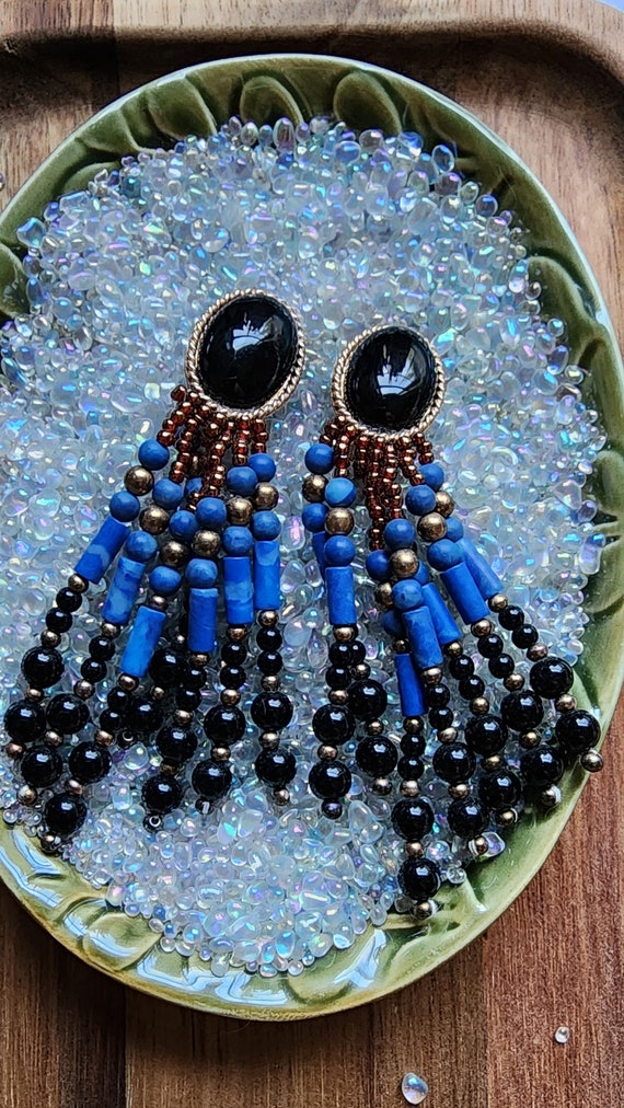 Deep blue beaded earrings