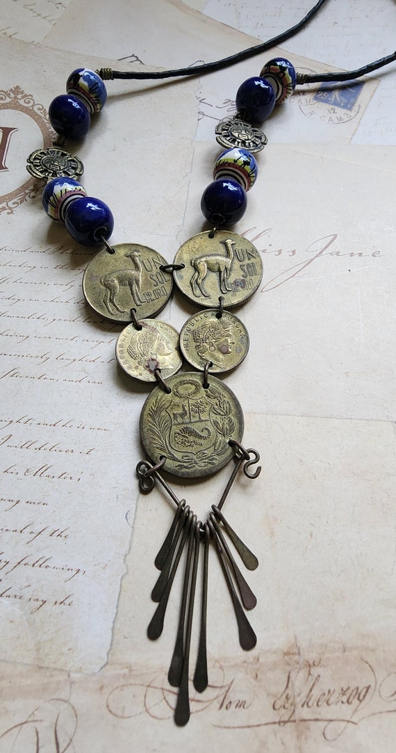 Peruvian coin and ceramic beads necklace