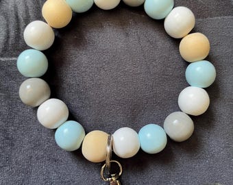 Handmade Neutral Blue/Grey Wooden Bead Wristlet Keychain | Beaded Keyring Bracelet | Wooden Wristlet | Gift for Her | Teacher Gift |Mum Gift