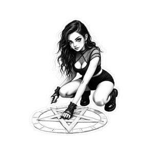 Gothic Anime Witch Sticker, Vinyl Kiss-Cut Matte Decal, Witchcore Aesthetic Laptop Sticker, Occult Pentagram Art, Waterproof Gothic Sticker