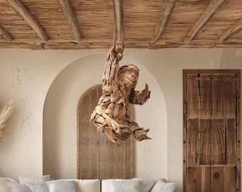 Handcrafted Teak Wood Monkey Sculpture 70cm – Antique Wooden Animal Figurine, Exotic Jungle Decor, Rustic Boho Home Accent, Indonesian Art