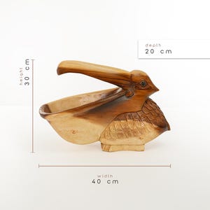 Hand Carved Suar Wood Pelican Bowl, Rustic Bird Key Holder, Coastal Entryway Decor