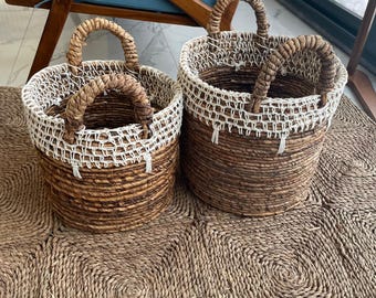 Natural Fiber Basket Set of 3 | Banana Bark and White Macrame
