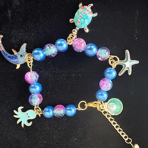 Blue Crackle Glass Sea Bracelet: Turtle Charm, Adjustable Boho Jewelry