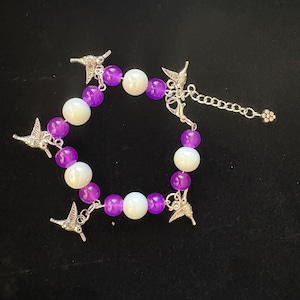 Hummingbird Charm Bracelet: Purple & White Boho Jewelry, Garden Gift