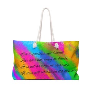 Biblical Verses Weekender Bag, Corinthians 13 Love Quote Duffel, Inspirational Carry On Tote, Religious Scripture Traveler, Colorful Bible