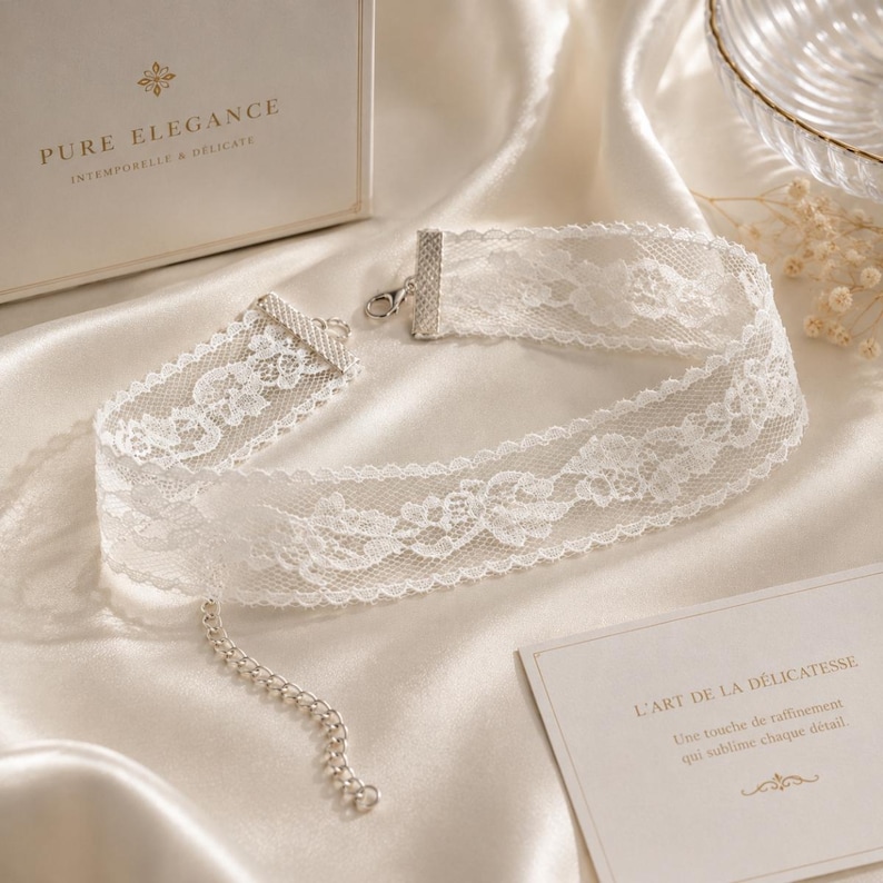 May include: A white lace choker necklace with a delicate floral pattern. The necklace has a silver clasp and a small chain. The words "PURE ELEGANCE" and "INTEMPORELLE & DELICATE" are printed on a box in the background.