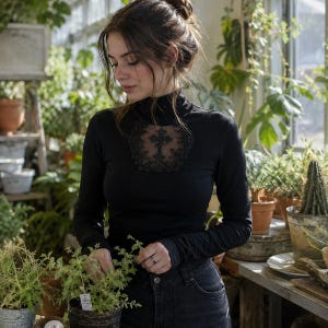 Gothic Cross Lace Top, Dark Academia Shirt, Goth Long Sleeve Top, Alternative Clothing, Witchy Black Turtleneck, Emo Fashion