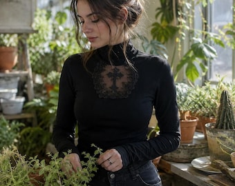 Gothic Cross Lace Top, Dark Academia Shirt, Goth Long Sleeve Top, Alternative Clothing, Witchy Black Turtleneck, Emo Fashion