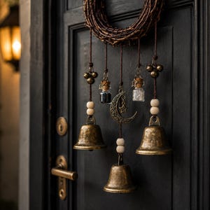 Puede incluir: Un adorno de pared decorativo con una base de corona de ramas circular y cuerdas de hilo marr&oacute;n. Incluye tres campanas de metal en tono lat&oacute;n, dos peque&ntilde;os frascos de vidrio con cristales oscuros y claros, y un dije central de media luna.