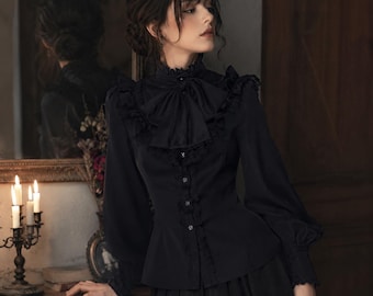 Victorian Gothic Blouse Women, White Lace Ruffle Shirt, Elegant Lolita Top, High Neck Bow Blouse, Gothic Coquette Clothing, Dark Academia