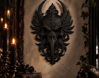 Decoración de pared gótica con calavera de cuervo, placa con calavera de cuervo negro, arte de pared de estilo Dark Academia, decoración gótica victoriana, regalo de rarezas macabras