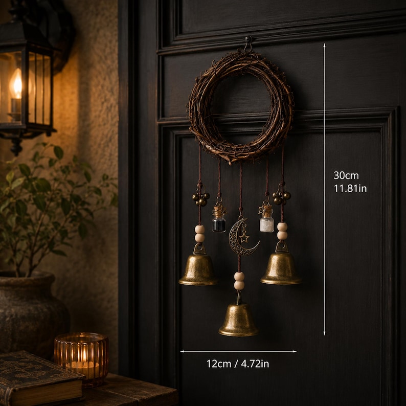 Puede incluir: Un colgante decorativo de pared que presenta una corona circular de ramas con tres campanas de lat&oacute;n, dos peque&ntilde;os frascos de vidrio con contenido negro y blanco, y un dije de media luna. El art&iacute;culo mide 30 cm de alto y 12 cm de ancho.