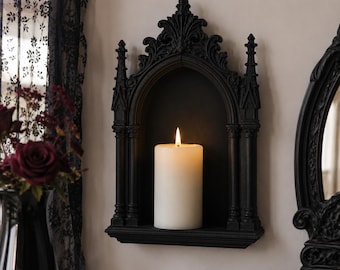 Estantería gótica de pared, nicho de pared tipo catedral, decoración gótica para el hogar, estante negro ornamentado, decoración de pared victoriana, decoración estilo academia oscura