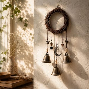 Puede incluir: Una decoraci&oacute;n de pared que presenta una corona circular de ramas marrones con tres campanas de color bronce, dos peque&ntilde;os frascos de vidrio con tapones de corcho, cuentas de madera y un dije de media luna de metal suspendidos por cordel.