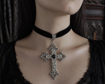 Gothic Cross Choker Necklace, Black or Burgundy Velvet Choker, Silver Tone Cross Pendant, Victorian Goth Jewelry, Dark Romantic Gift