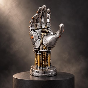 Puede incluir: Una escultura de mano mecánica con un acabado plateado desgastado y cableado interno de color dorado expuesto. La mano robótica está montada sobre una base circular, mostrando un intrincado revestimiento segmentado y pequeños detalles circulares naranjas.