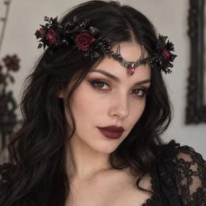 Peut inclure: Un bijou de tête composé d'un croissant de lune argenté orné d'une pierre précieuse rose foncé, entouré d'une couronne de feuilles noires et de roses rouge foncé. L'accessoire est porté sur le front, reposant sur des cheveux bruns ondulés.