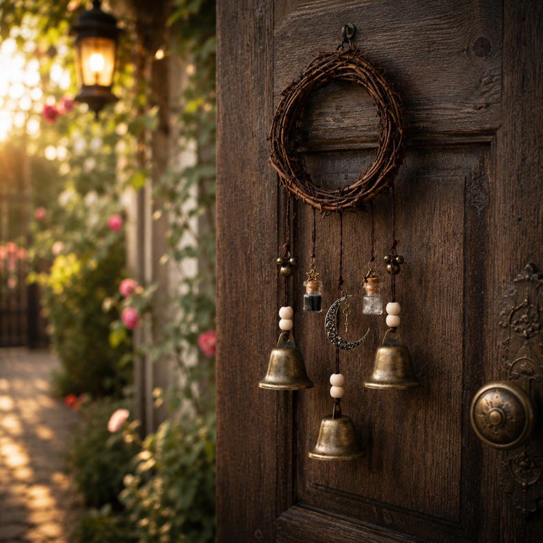 Puede incluir: Una corona circular hecha de ramas marrones entrelazadas cuelga de una puerta de madera. Presenta tres campanas de lat&oacute;n, dos peque&ntilde;os frascos de vidrio con contenido oscuro y claro, cuentas de madera y un dije de media luna plateado.
