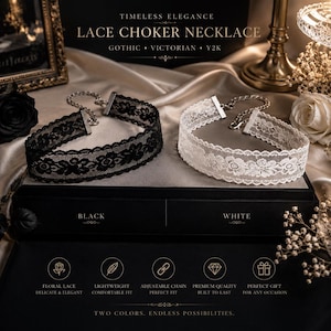 May include: A black and a white lace choker necklace with floral patterns, displayed on a black box. The necklaces have silver-toned chain closures. The image includes text that reads "Lace Choker Necklace" and "Two Colors. Endless Possibilities."