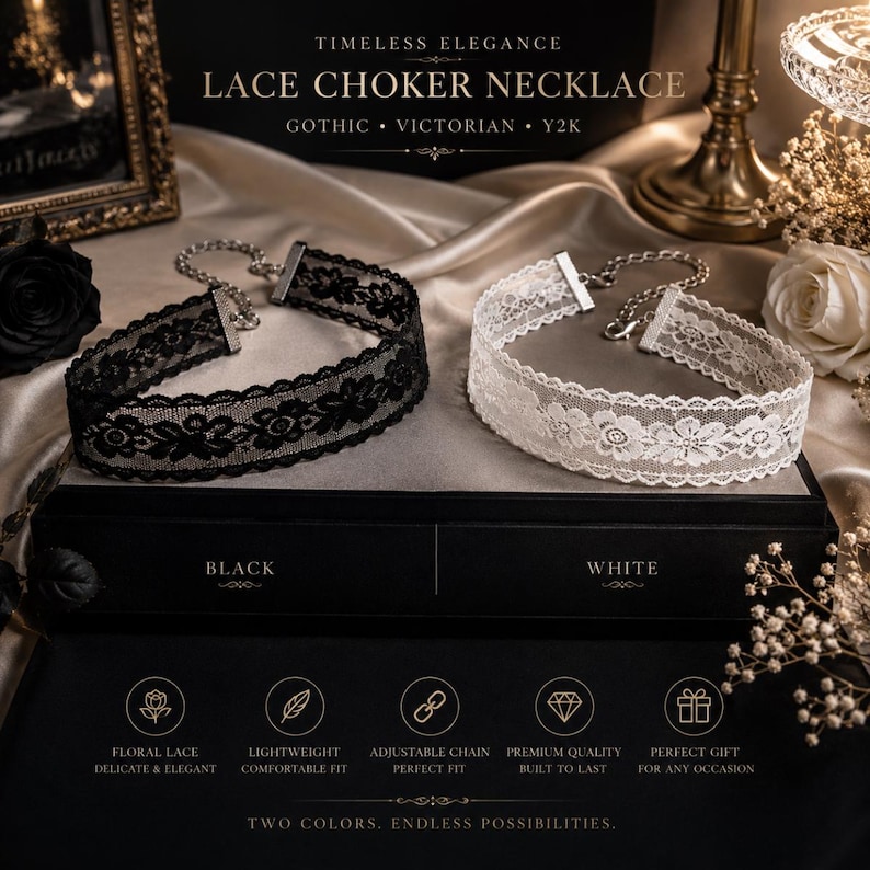 May include: A black and a white lace choker necklace with floral patterns, displayed on a black box. The necklaces have silver-toned chain closures. The image includes text that reads "Lace Choker Necklace" and "Two Colors. Endless Possibilities."