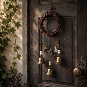 Campana colgante vintage para puerta, campanilla de viento rústica con forma de corona, decoración de puerta estilo cottagecore, amuleto de campana con luna de bruja, regalo de decoración bohemia para la entrada imagen 6