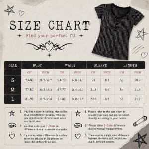 May include: A size chart graphic featuring a black and grey striped henley t-shirt. The chart displays measurements in centimetres and inches for sizes S, M, and L, including bust, waist, sleeve, and length dimensions, with instructional text.