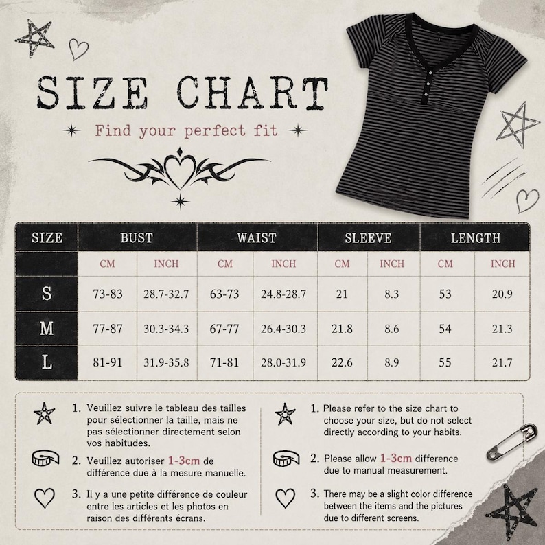 May include: A size chart graphic featuring a black and grey striped henley t-shirt. The chart displays measurements in centimetres and inches for sizes S, M, and L, including bust, waist, sleeve, and length dimensions, with instructional text.