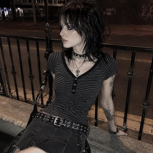 Y2K Goth Striped Baby Tee, Grunge Henley Top, Alternative Gothic Shirt, Emo Aesthetic Clothing, Soft Girl Punk Tee image 4