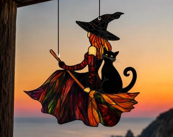 Atrapasueños de vidrieras con diseño de gato bruja, adorno para ventana de Halloween, decoración de gato negro, regalo gótico de bruja, adorno atrapasueños de otoño