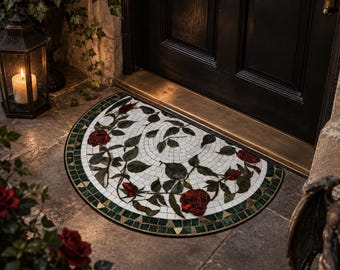 Felpudo gótico de media luna con rosas – Alfombra de entrada floral victoriana, felpudo botánico oscuro, decoración estilo cottagecore