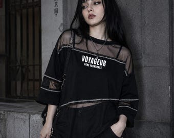 Goth Mesh Oversized T Shirt Women, Y2K Sheer Tee, Cyberpunk Streetwear Top, Grunge Alt Clothing, Gothic Mesh Shirt