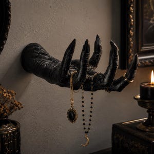 Puede incluir: Una escultura de mano negra montada en la pared con uñas largas y puntiagudas. La mano está colocada con los dedos extendidos, sirviendo como expositor de joyas. Dos collares con colgantes y un anillo dorado cuelgan de los dedos.