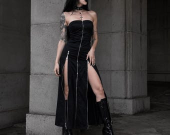 Vestido midi gótico con cremallera, vestido tubo cibernético Y2K, vestido negro de estilo techwear, vestido punk sin tirantes, vestido gótico con abertura, conjunto femenino oscuro