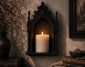 Gothic Wall Shelf Candle Holder, Black Gothic Shrine Decor, Dark Academia Wall Niche, Witchy Altar Shelf, Gothic Home Decor