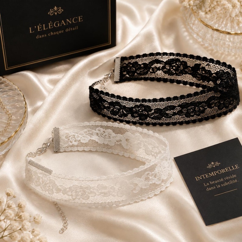 May include: Two lace chokers, one black and one white, with floral patterns. The chokers have silver-toned clasps and chains. The image includes a black box with gold text that reads "L'&Eacute;L&Eacute;GANCE dans chaque d&eacute;tail" and a card that reads "INTEMPORELLE La beaut&eacute; r&eacute;side dans la subtilit&eacute;."