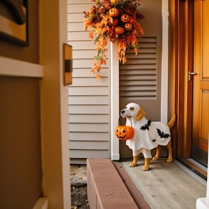 Handmade Resin Dog Figurine in Ghost Costume Halloween Design