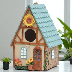 Handmade Fairy Garden Cottage Birdhouse Sunflower Charm