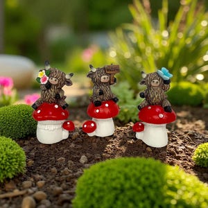 Handmade Scottish Cow Figurine Red Mushroom Colorful Resin Small