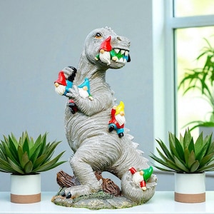 Gnome-Eating Dinosaur Hilarious and Wild Handmade Garden Statue  Perfect Gift for Humor and Whimsy Lovers